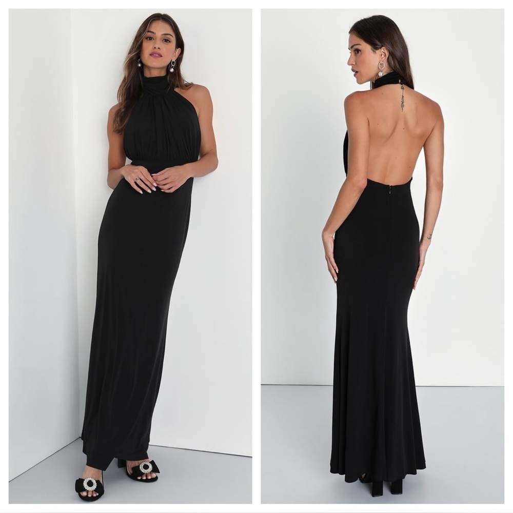 Lulus Romantic Chance Black Halter Backless Mermaid Maxi Dress